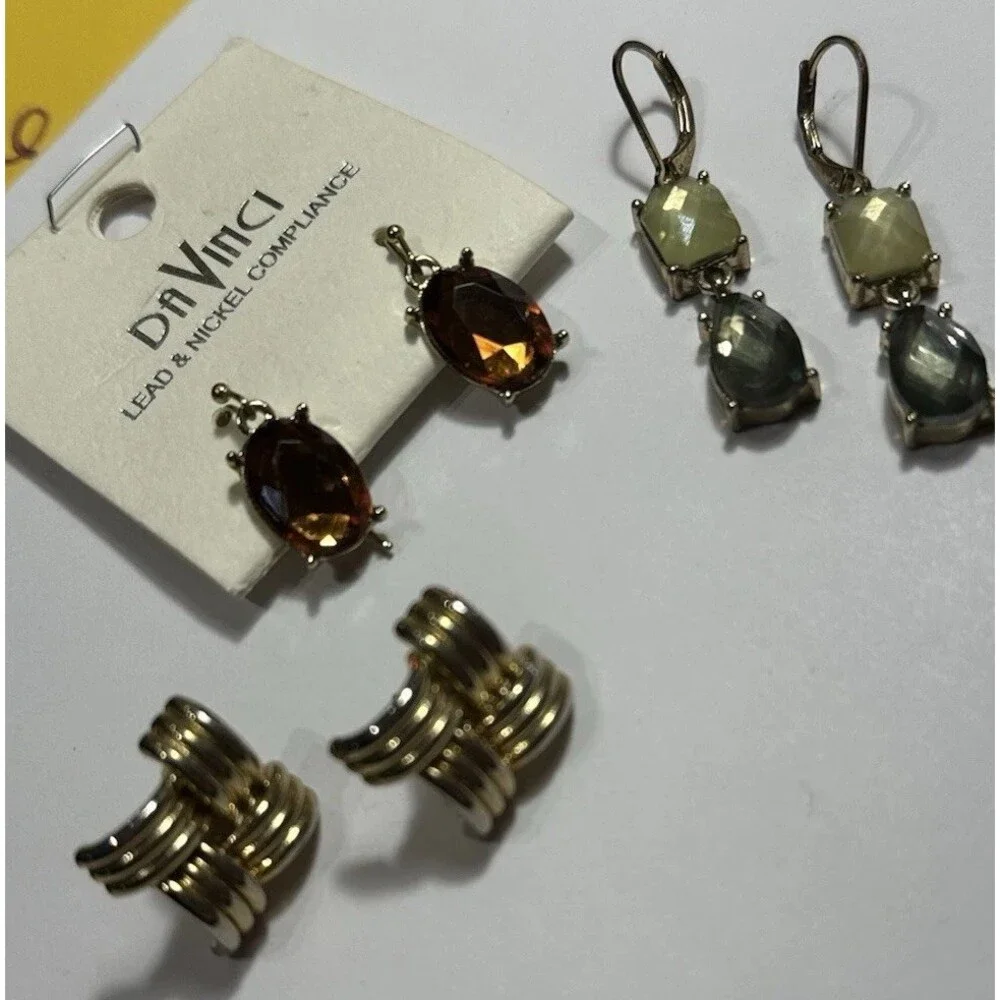 3Pc Mixed Earrings Lot Da Vinci Gemstone Gold Tone Vintage Style New & Used
